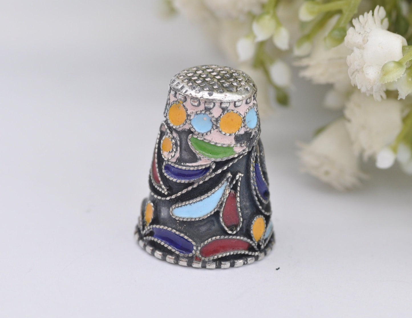 Vintage 935 Silver & Enamel Thimble - Mexico | 2317 | Sewing | Accessory | Detailed | Patterned | Silverware | Collectable
