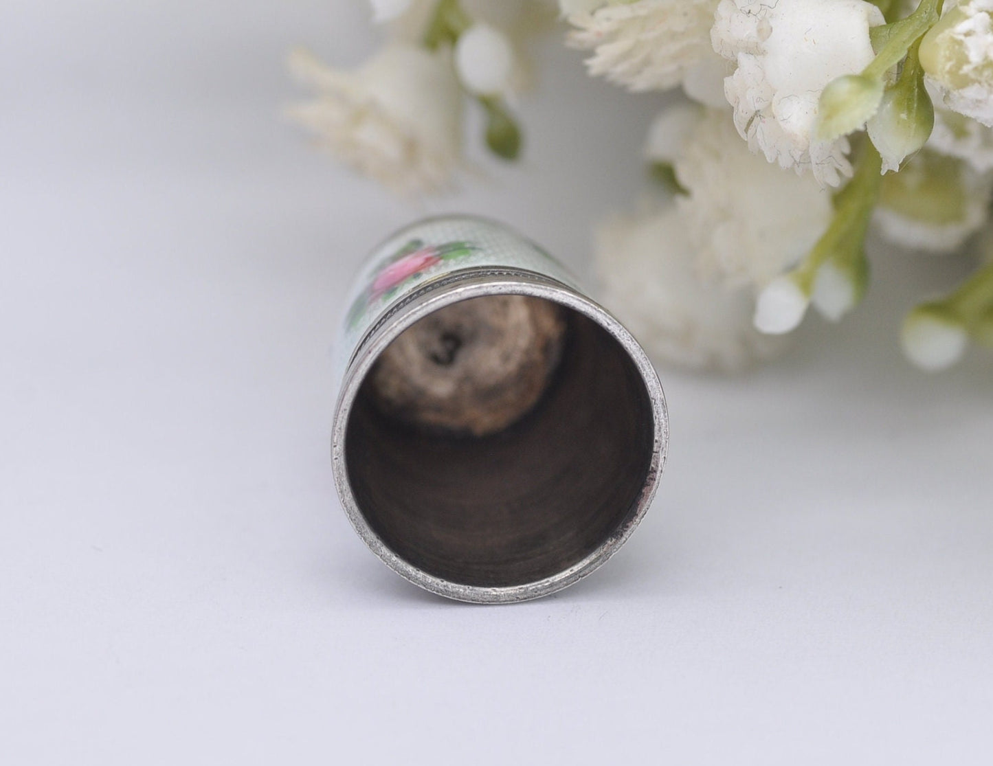 Vintage Silver & Guilloché Enamel Red Topped Rose Thimble - Sewing | Detailed | 935 Silver | Floral | Flower