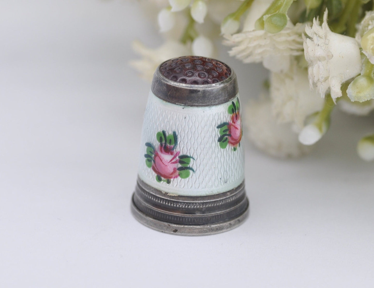 Vintage Silver & Guilloché Enamel Red Topped Rose Thimble - Sewing | Detailed | 935 Silver | Floral | Flower
