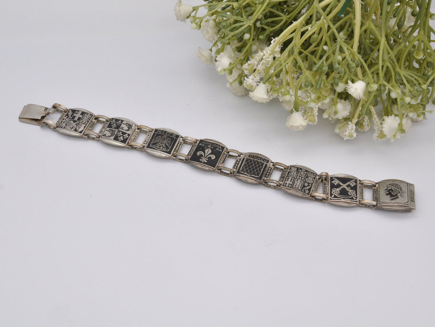 Vintage Silver Tone France Cities Travel Bracelet - Islands / Europe / Panel / Nice / Corse / Comtat / Monaco / Costume Jewellery