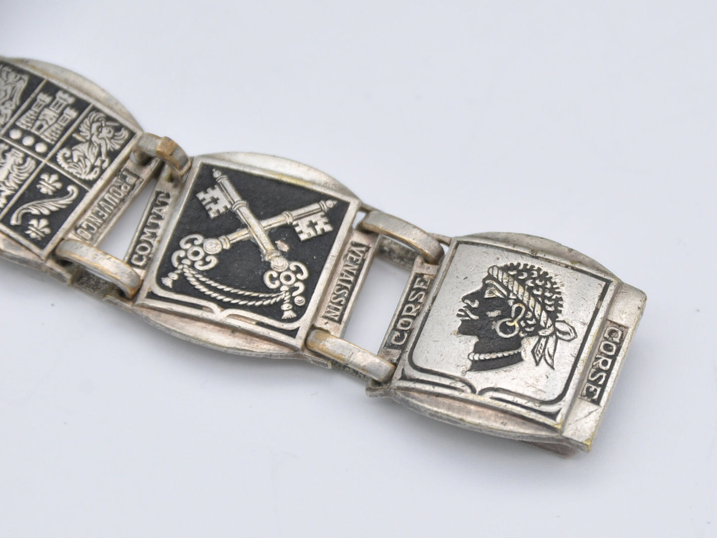 Vintage Silver Tone France Cities Travel Bracelet - Islands / Europe / Panel / Nice / Corse / Comtat / Monaco / Costume Jewellery