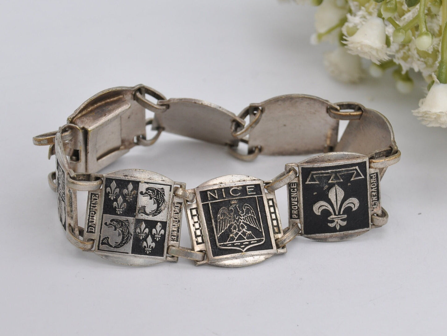 Vintage Silver Tone France Cities Travel Bracelet - Islands / Europe / Panel / Nice / Corse / Comtat / Monaco / Costume Jewellery