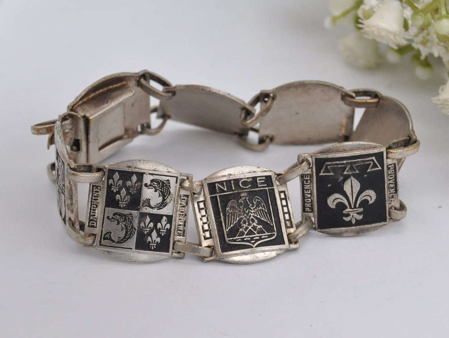 Vintage Silver Tone France Cities Travel Bracelet - Islands / Europe / Panel / Nice / Corse / Comtat / Monaco / Costume Jewellery