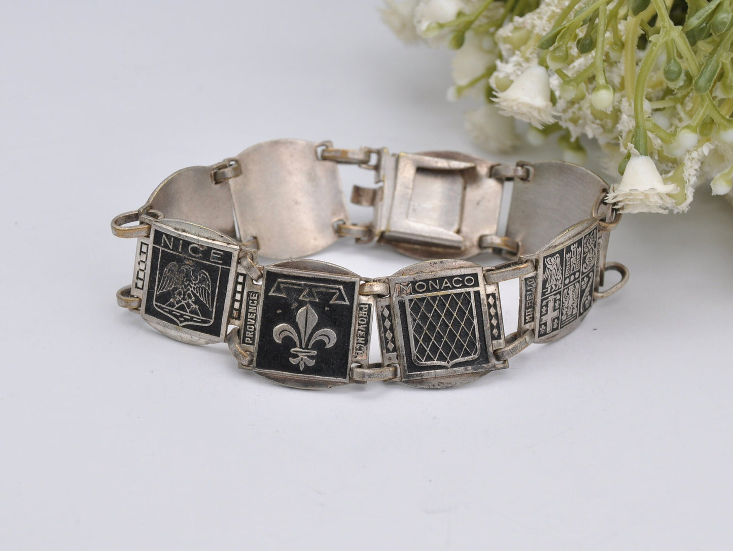 Vintage Silver Tone France Cities Travel Bracelet - Islands / Europe / Panel / Nice / Corse / Comtat / Monaco / Costume Jewellery