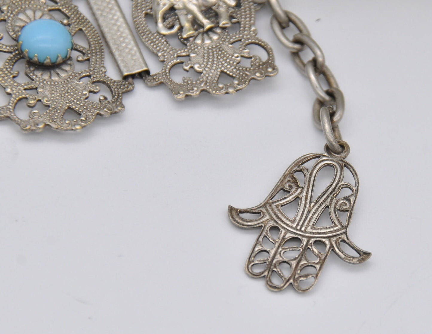 Vintage Silver Tone Hamsa Bracelet - Sword / Blue Stone / Elephant / Hand of Fatima / Panel Bracelet / Costume Jewellery