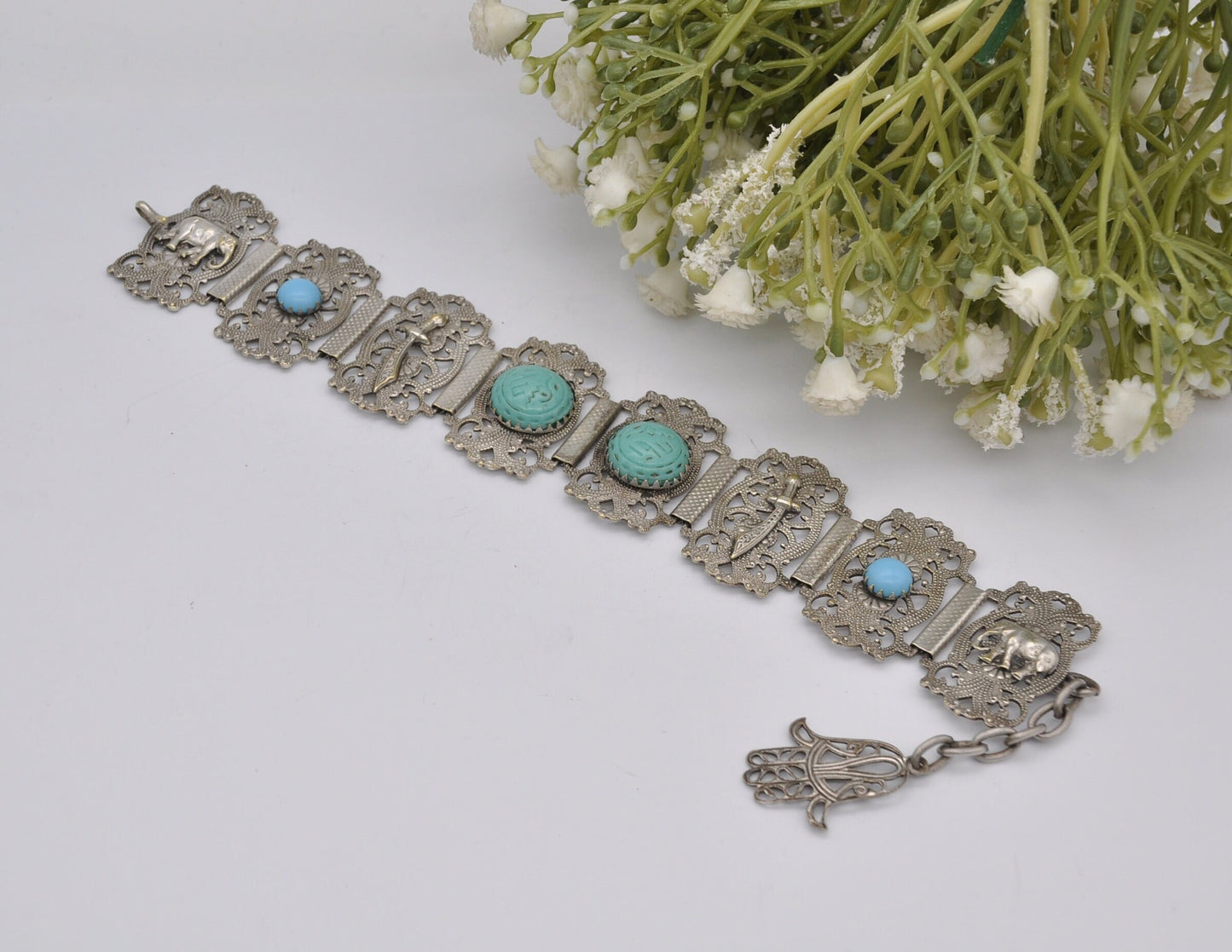 Vintage Silver Tone Hamsa Bracelet - Sword / Blue Stone / Elephant / Hand of Fatima / Panel Bracelet / Costume Jewellery