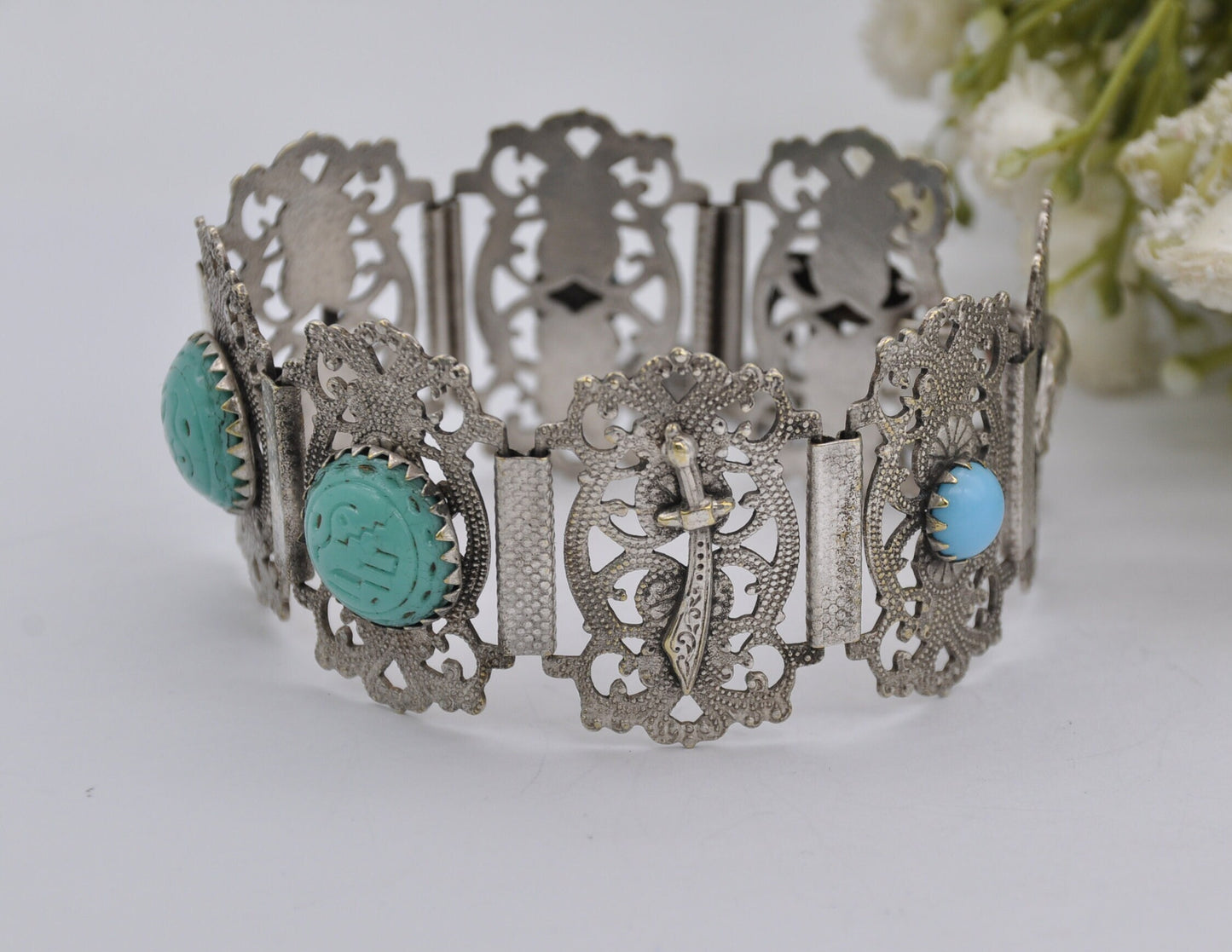Vintage Silver Tone Hamsa Bracelet - Sword / Blue Stone / Elephant / Hand of Fatima / Panel Bracelet / Costume Jewellery