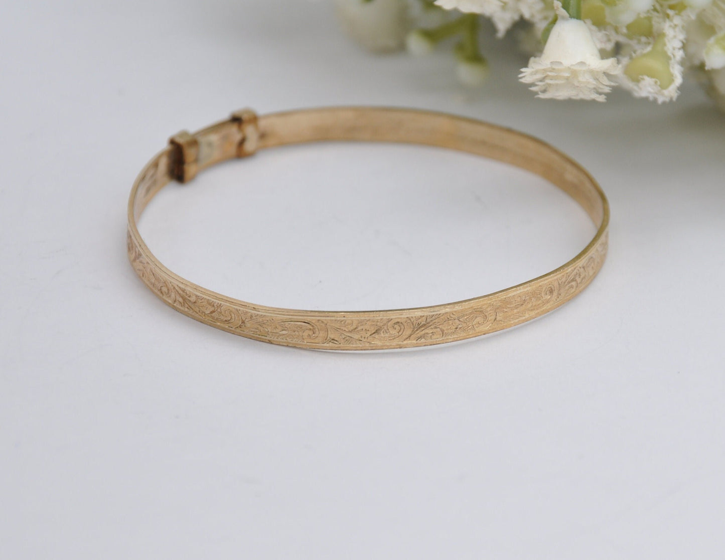 Vintage HG&S 9ct Rolled Gold Bangle Bracelet - Expanding | Child | Baby | Etched | Floral | Foliate | Leaf | Henry Griffith and Sons