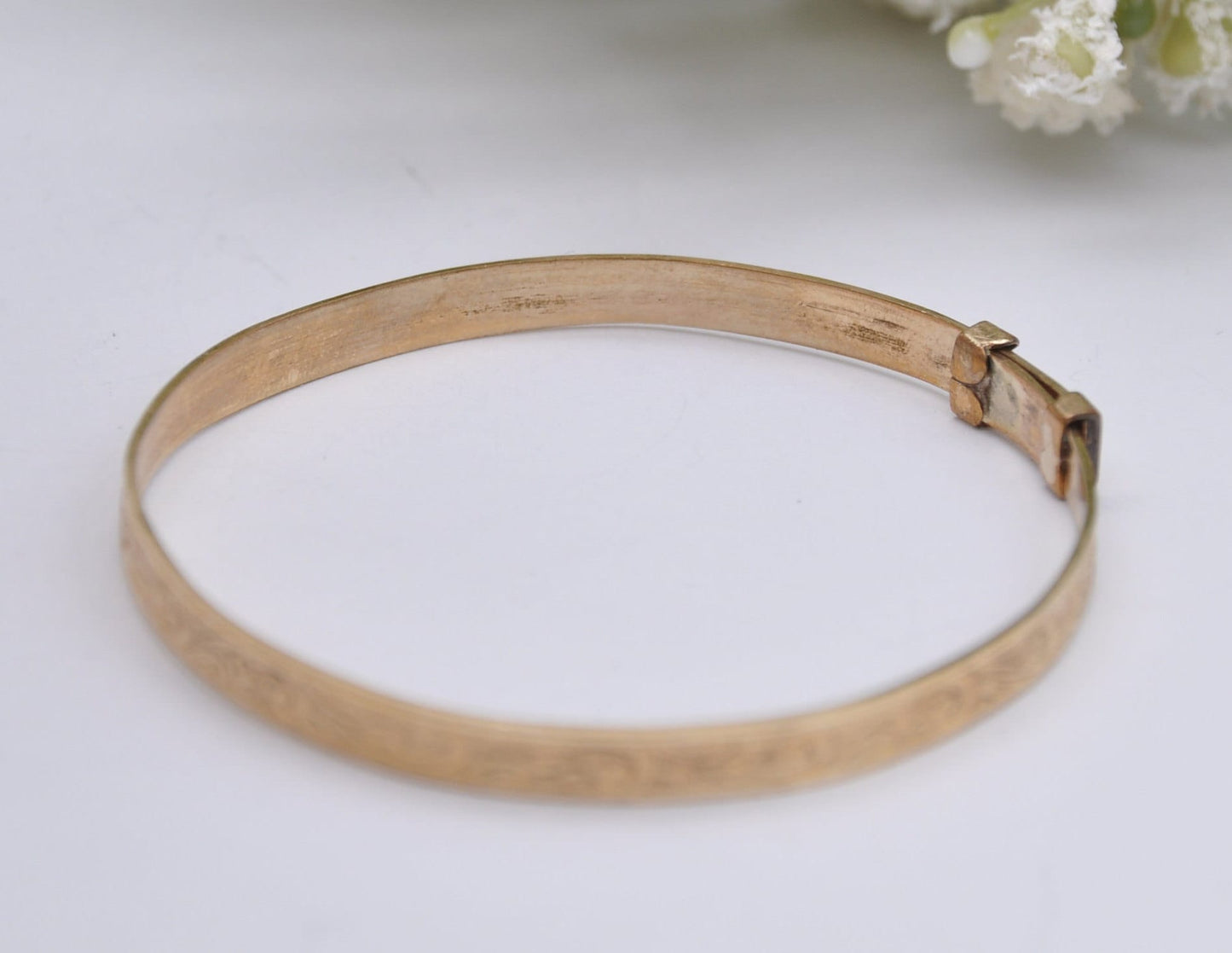 Vintage HG&S 9ct Rolled Gold Bangle Bracelet - Expanding | Child | Baby | Etched | Floral | Foliate | Leaf | Henry Griffith and Sons