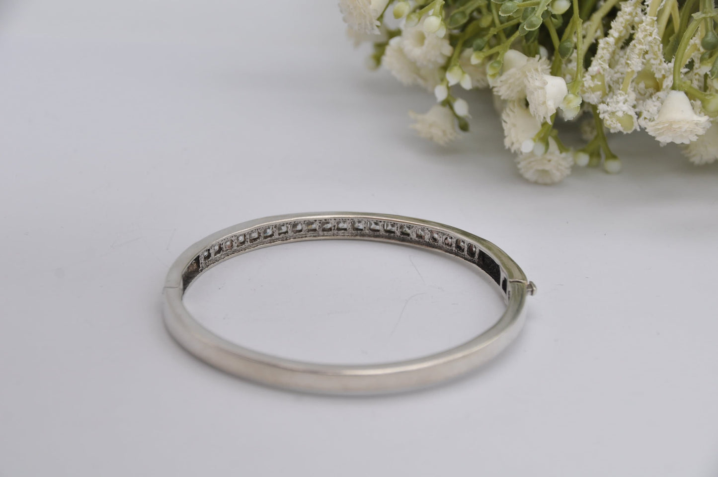 Sterling Silver and White Stone Bangle Bracelet - Elegant | Row | Safety Clip | 925