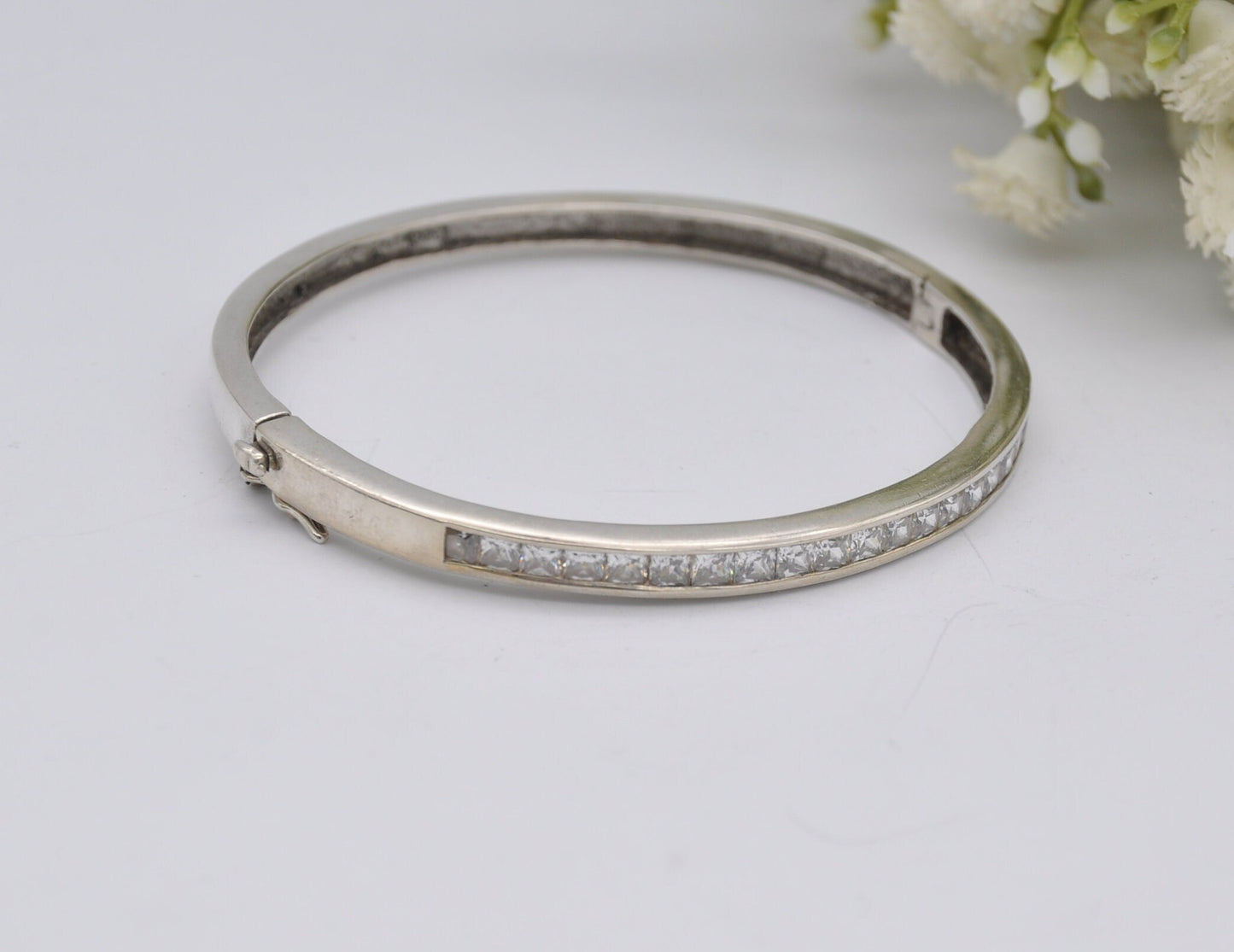 Sterling Silver and White Stone Bangle Bracelet - Elegant | Row | Safety Clip | 925