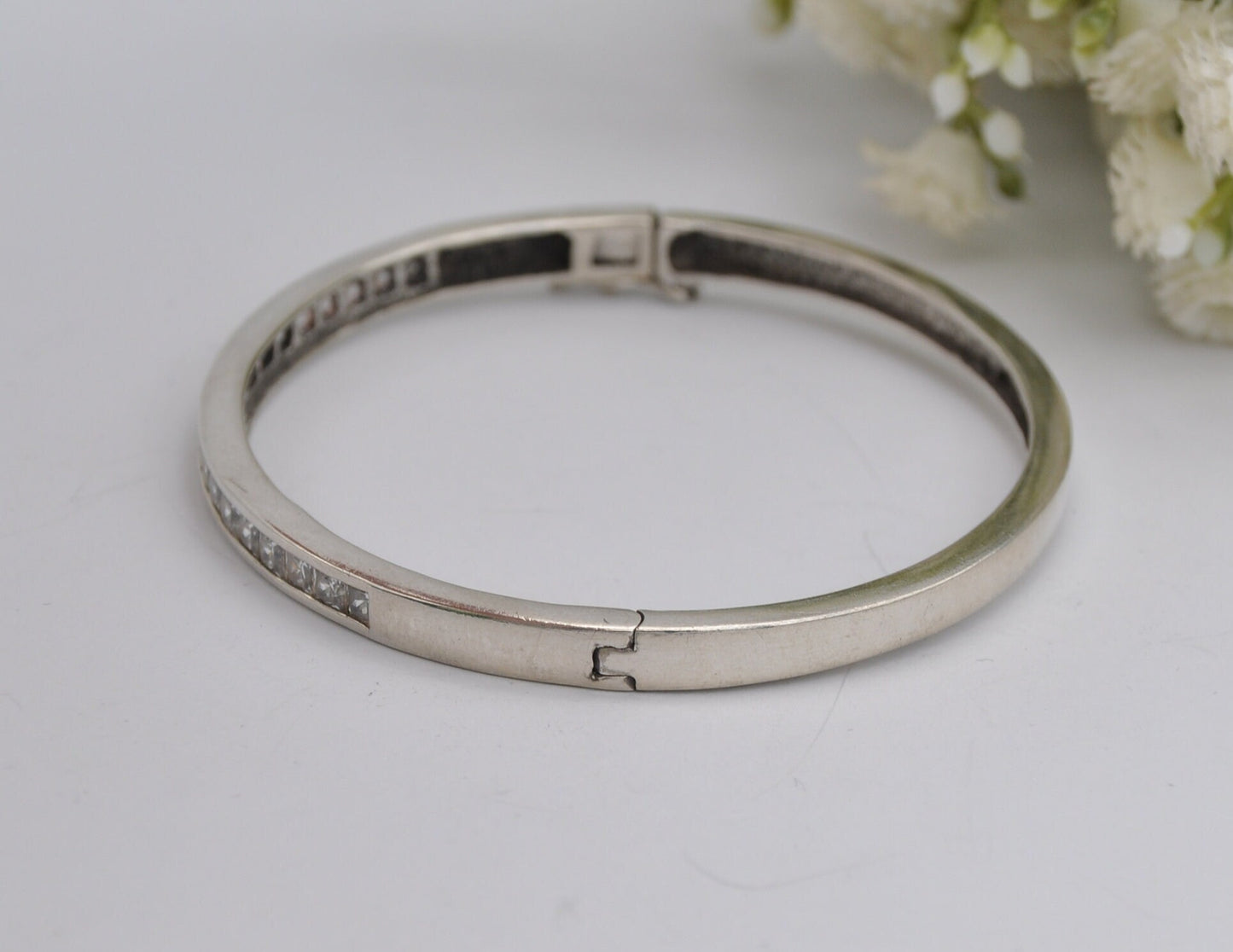 Sterling Silver and White Stone Bangle Bracelet - Elegant | Row | Safety Clip | 925