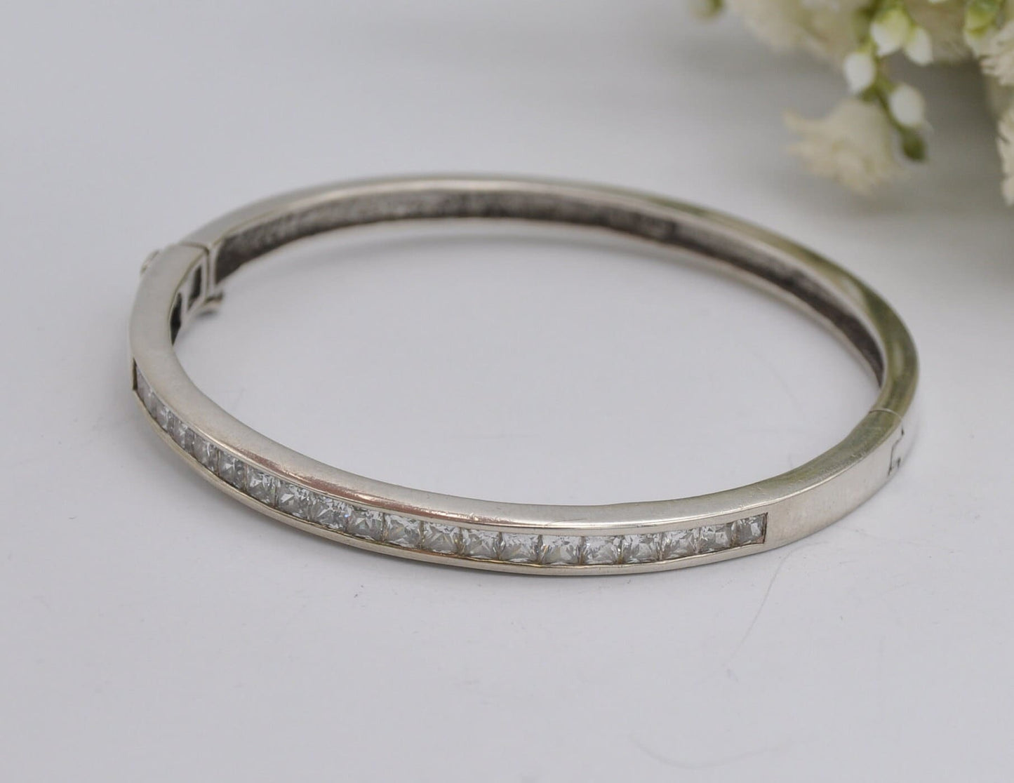Sterling Silver and White Stone Bangle Bracelet - Elegant | Row | Safety Clip | 925
