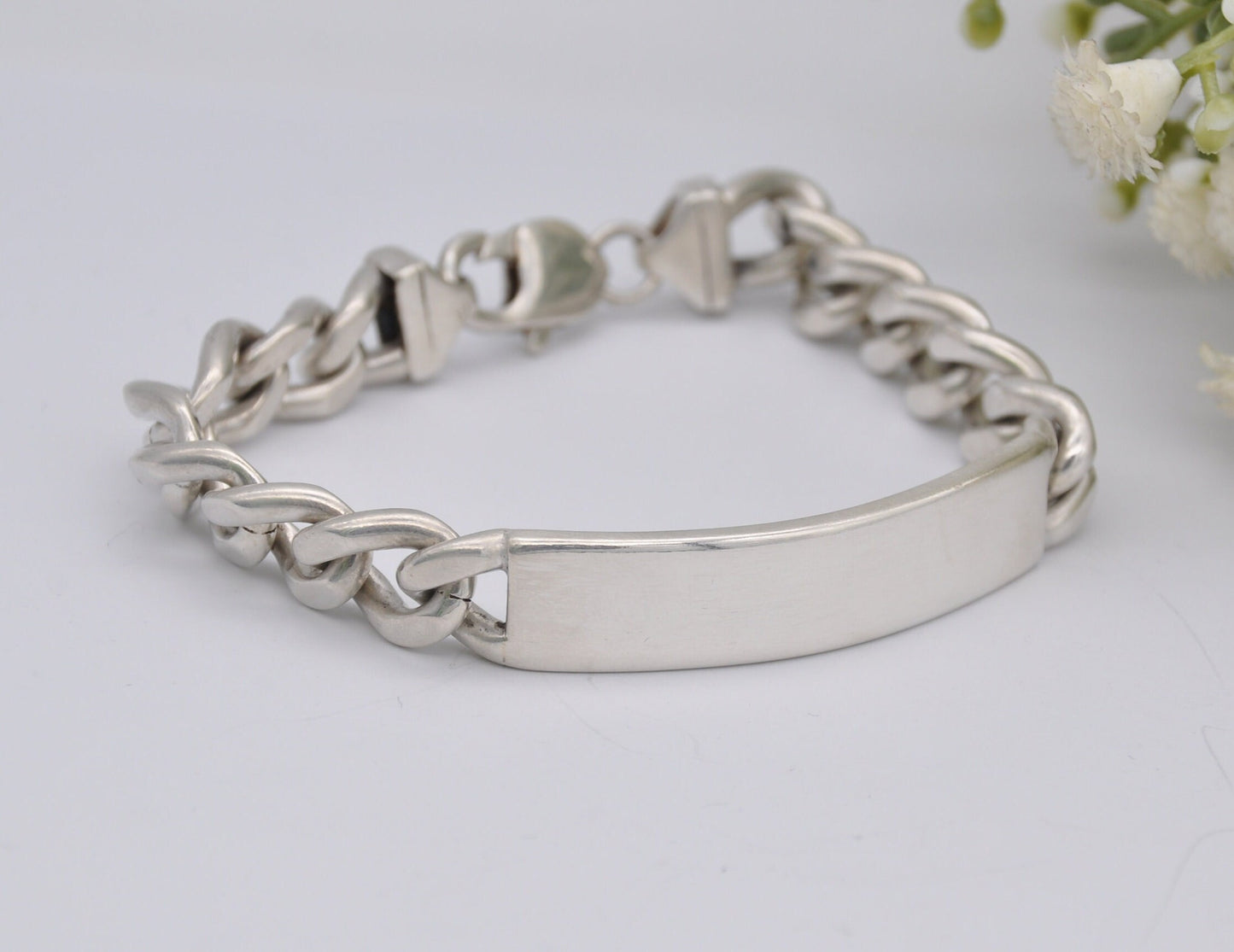 Sterling Silver Curb Link Chain Bracelet - Big | Chunky | Blank Cartouche | Tag | Lobster Claw | 925 | 45.7g | 20cm