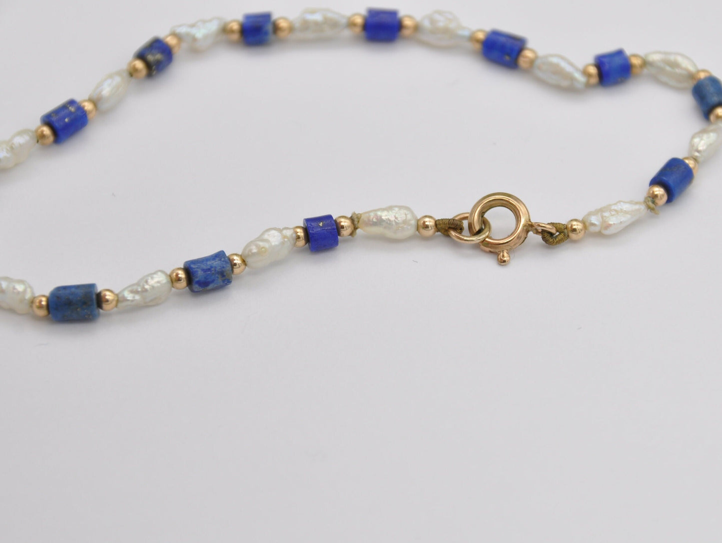 Vintage 9ct Gold Lapis Lazuli & Pearl Bracelet - Beaded / Beads / Blue / 375 / 9K / Spring Ring / 17.3cm