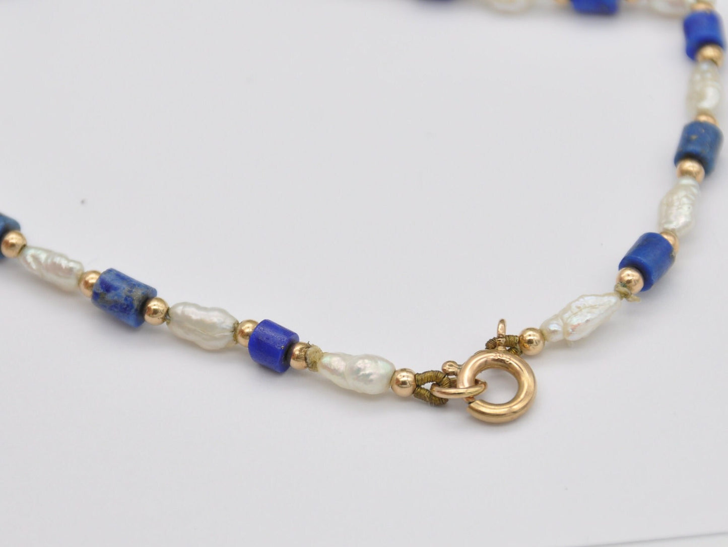 Vintage 9ct Gold Lapis Lazuli & Pearl Bracelet - Beaded / Beads / Blue / 375 / 9K / Spring Ring / 17.3cm