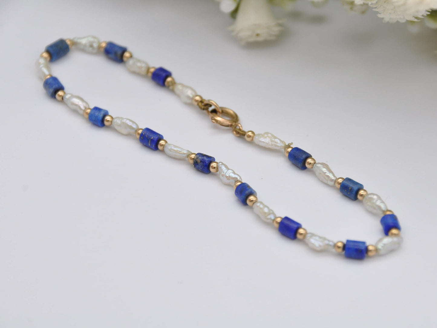 Vintage 9ct Gold Lapis Lazuli & Pearl Bracelet - Beaded / Beads / Blue / 375 / 9K / Spring Ring / 17.3cm