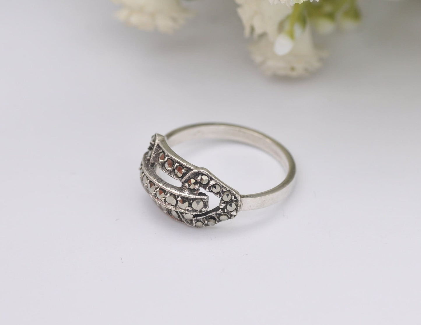 Art Deco Silver & Marcasite Tank Ring - Antique / 1930s / 1920s / 835 Silver / UK Size - L 1/2 / US Size - 6