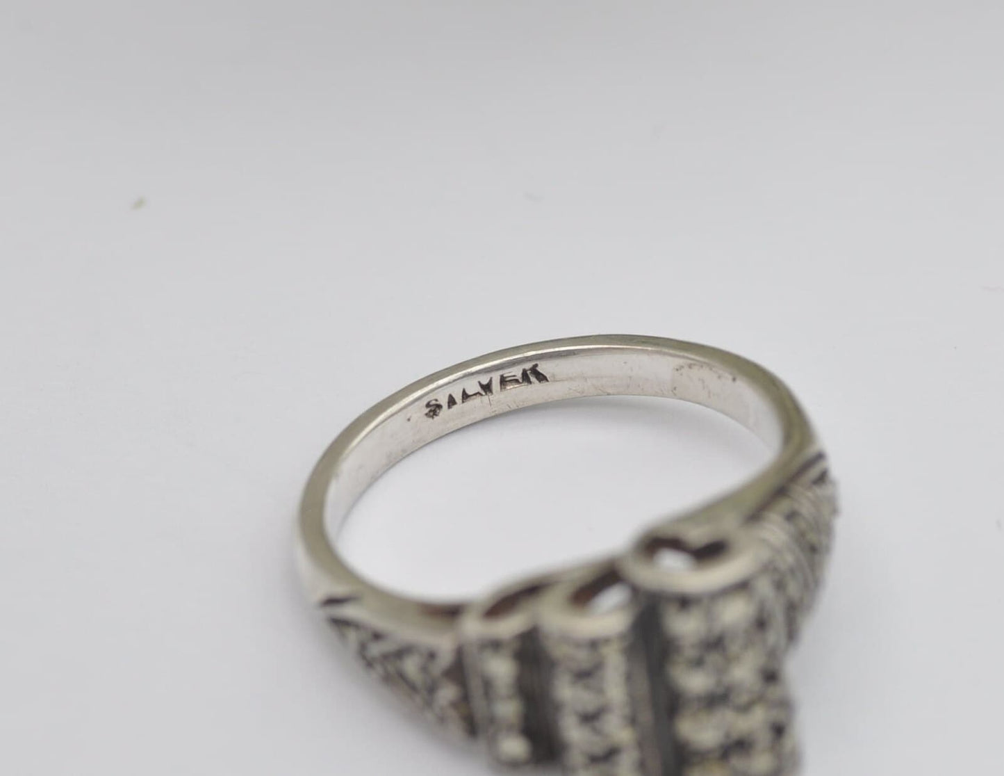 Antique Silver Marcasite Ring - Art Deco Tank Ring 1920s | Raised Wave Design | 925 Sterling | Cocktail Ring | UK Size M 1/2 US Size 6 1/2