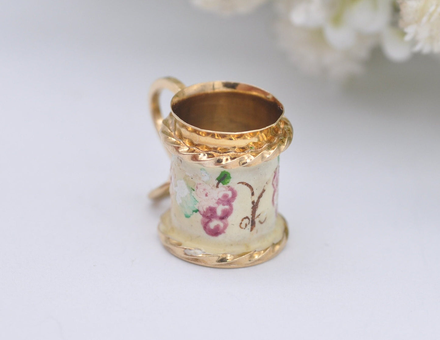 9ct Gold & Enamel Tankard Charm / Pendant - Vintage 1960s / Solid Gold / Drink / Beer / Cup / Drinking Stein / Floral / Charm Bracelet