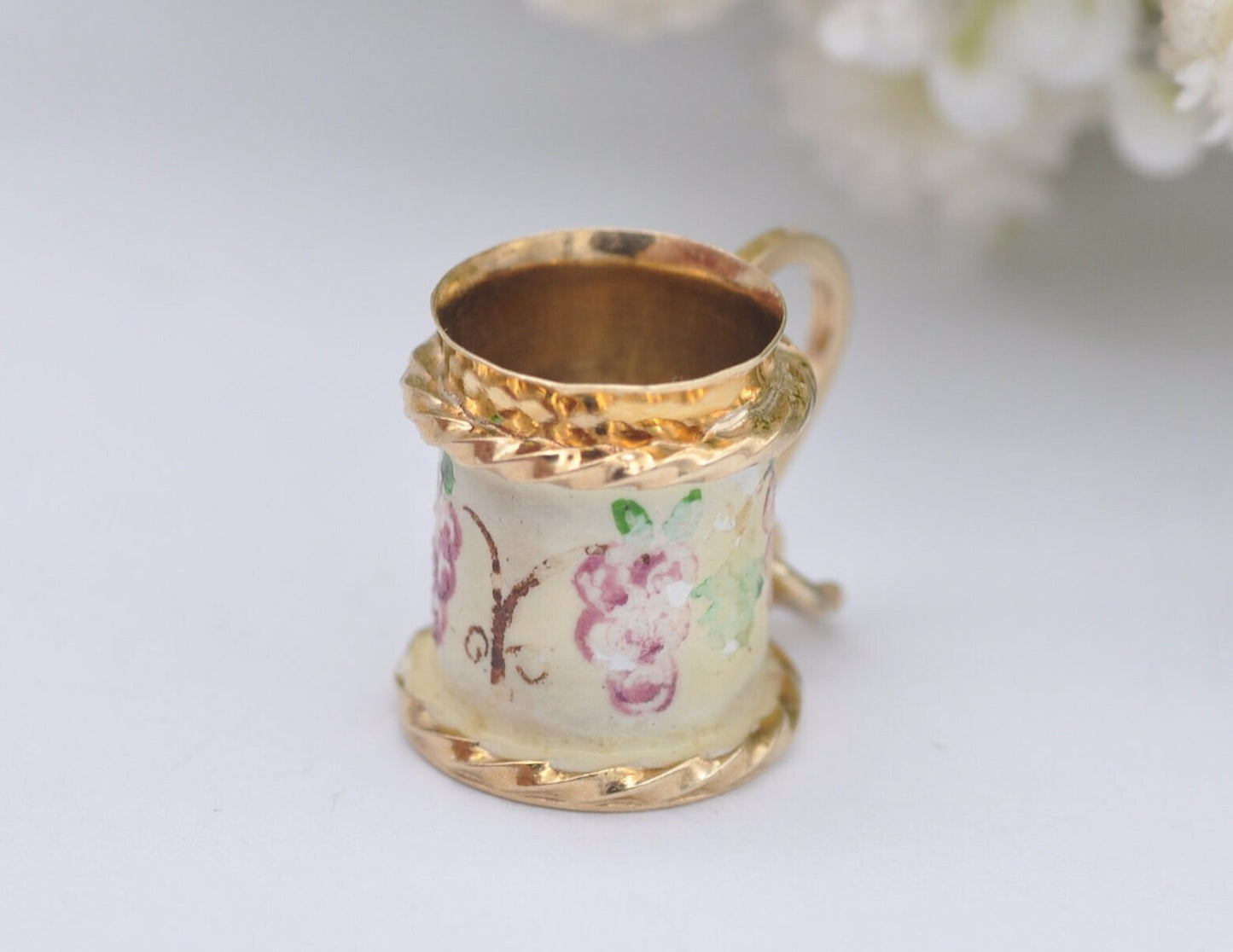 9ct Gold & Enamel Tankard Charm / Pendant - Vintage 1960s / Solid Gold / Drink / Beer / Cup / Drinking Stein / Floral / Charm Bracelet