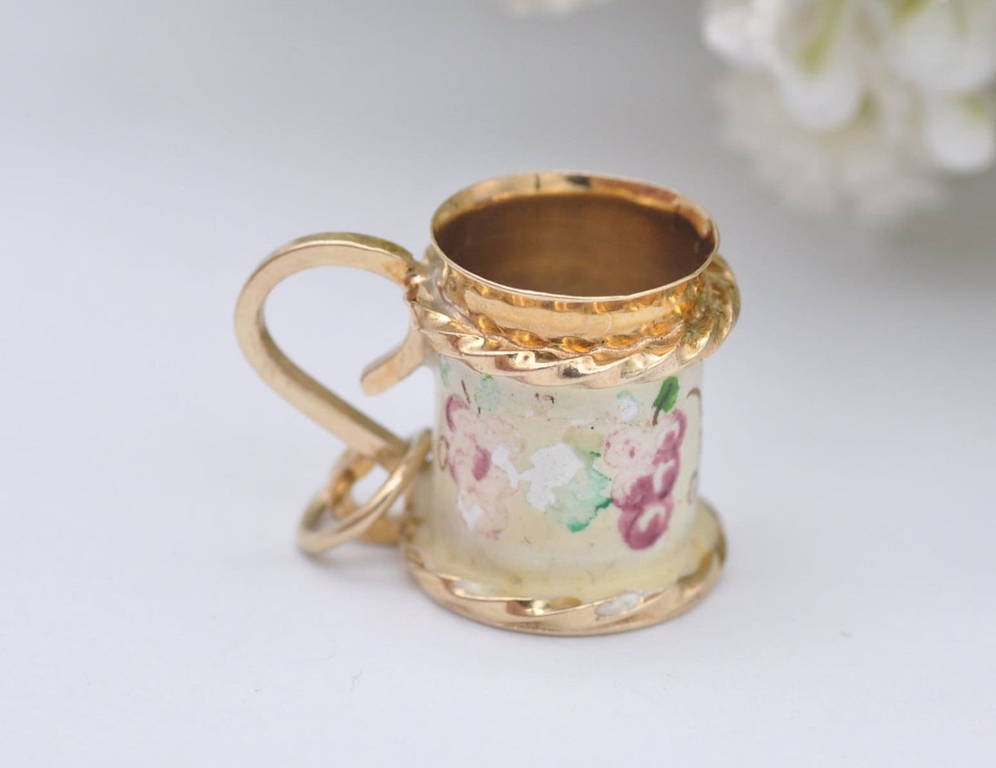 9ct Gold & Enamel Tankard Charm / Pendant - Vintage 1960s / Solid Gold / Drink / Beer / Cup / Drinking Stein / Floral / Charm Bracelet