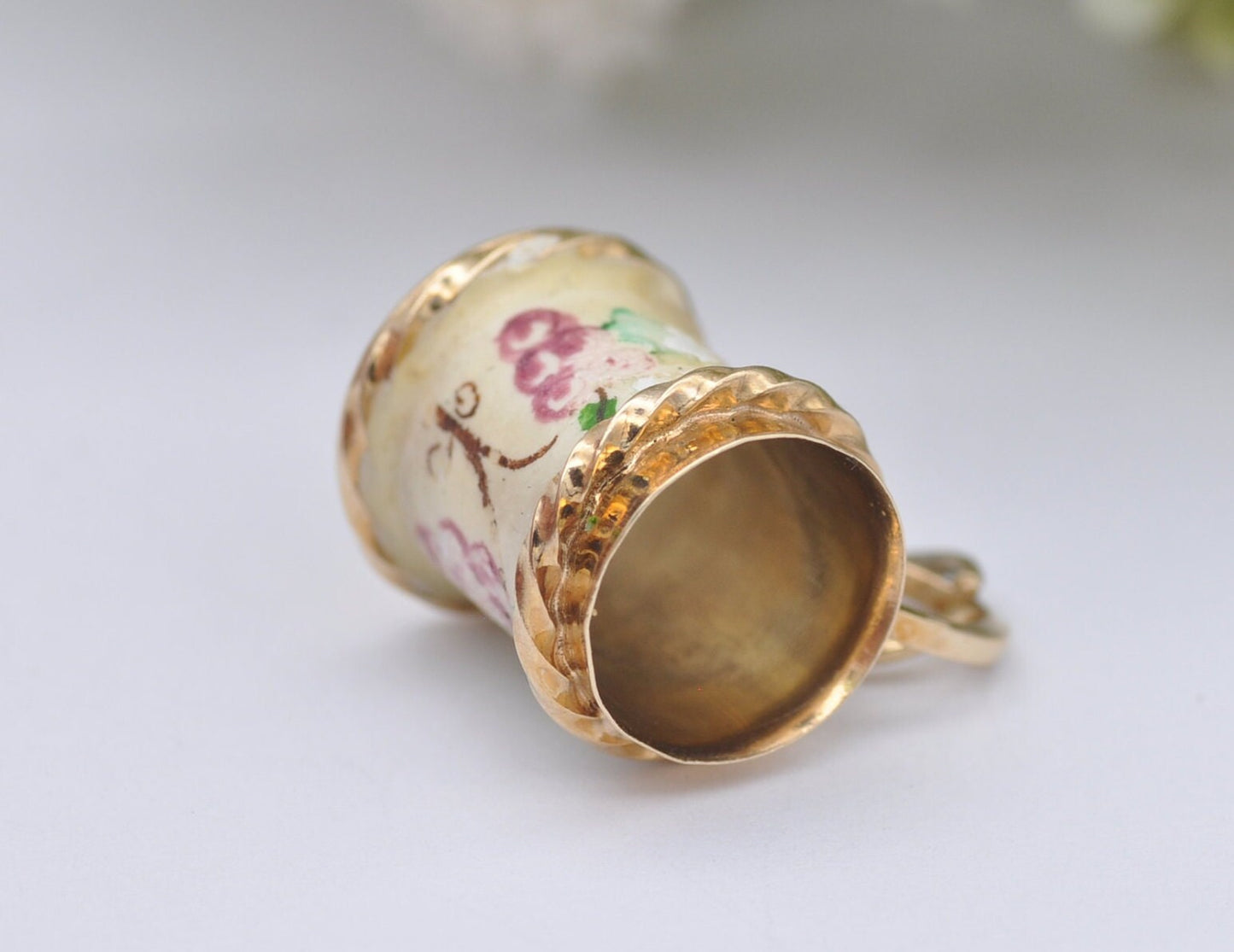 9ct Gold & Enamel Tankard Charm / Pendant - Vintage 1960s / Solid Gold / Drink / Beer / Cup / Drinking Stein / Floral / Charm Bracelet