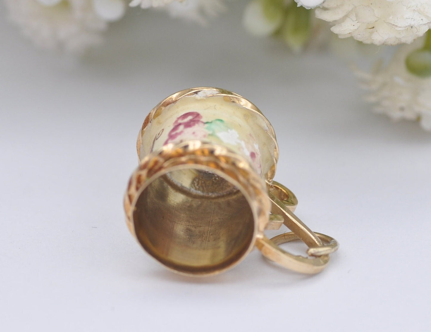 9ct Gold & Enamel Tankard Charm / Pendant - Vintage 1960s / Solid Gold / Drink / Beer / Cup / Drinking Stein / Floral / Charm Bracelet