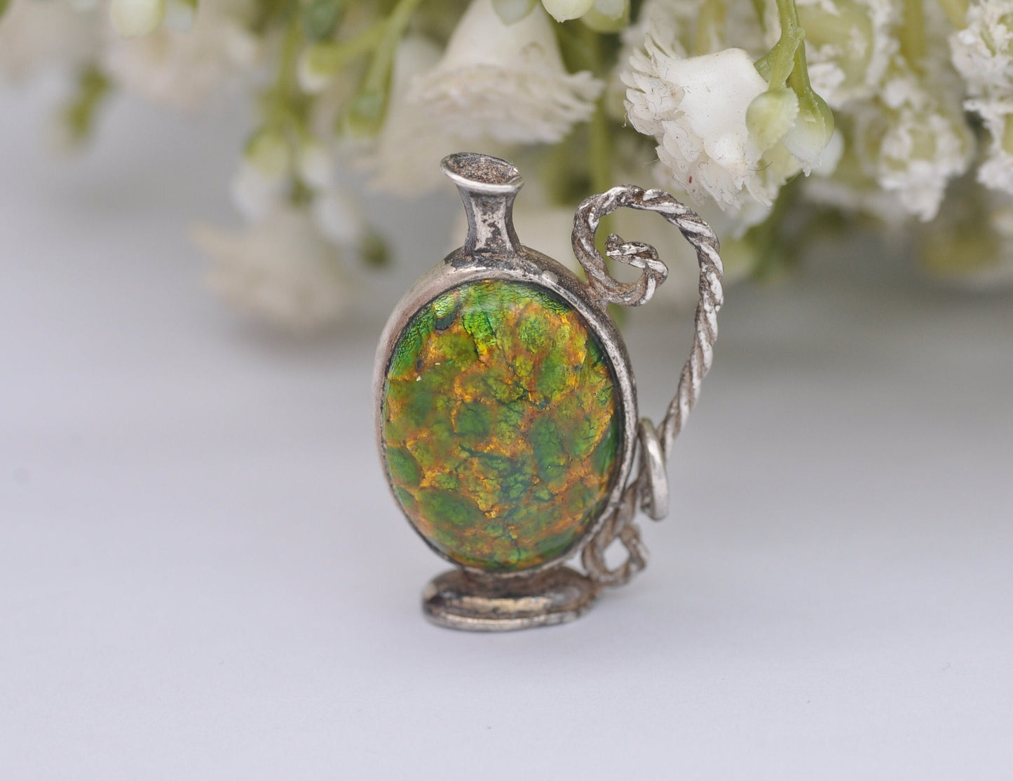 Vintage Sterling Silver Murano Glass Jug Charm / Pendant - Interesting / Stone / Green / Wine / Charm Bracelet