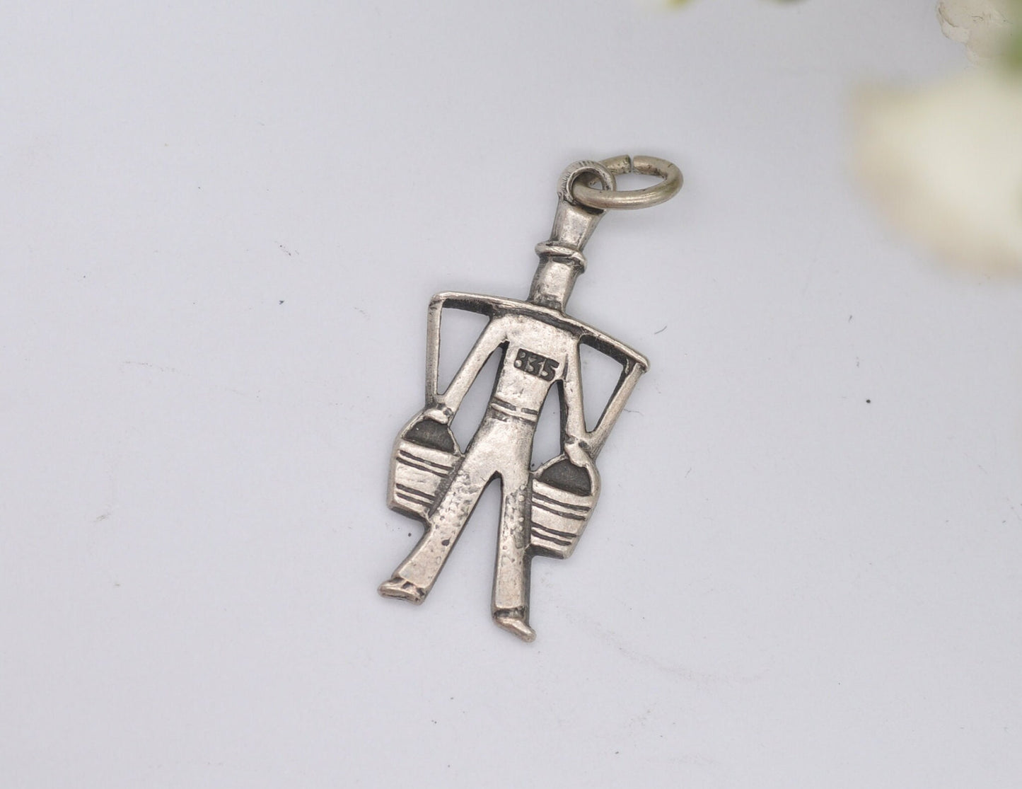 Vintage Silver Man Carrying Buckets of Water Charm / Pendant - Water Buckets / Shoulder Yoke / Carrying Pole / Dutch 835 / Charm Bracelet