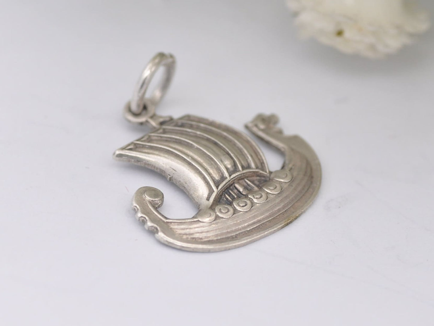 Vintage 830 Silver Viking Ship Charm / Pendant - Sail / Norse / Detailed / Boat / Sea / Scandi / Scandinavian / Solid / for Charm Bracelet