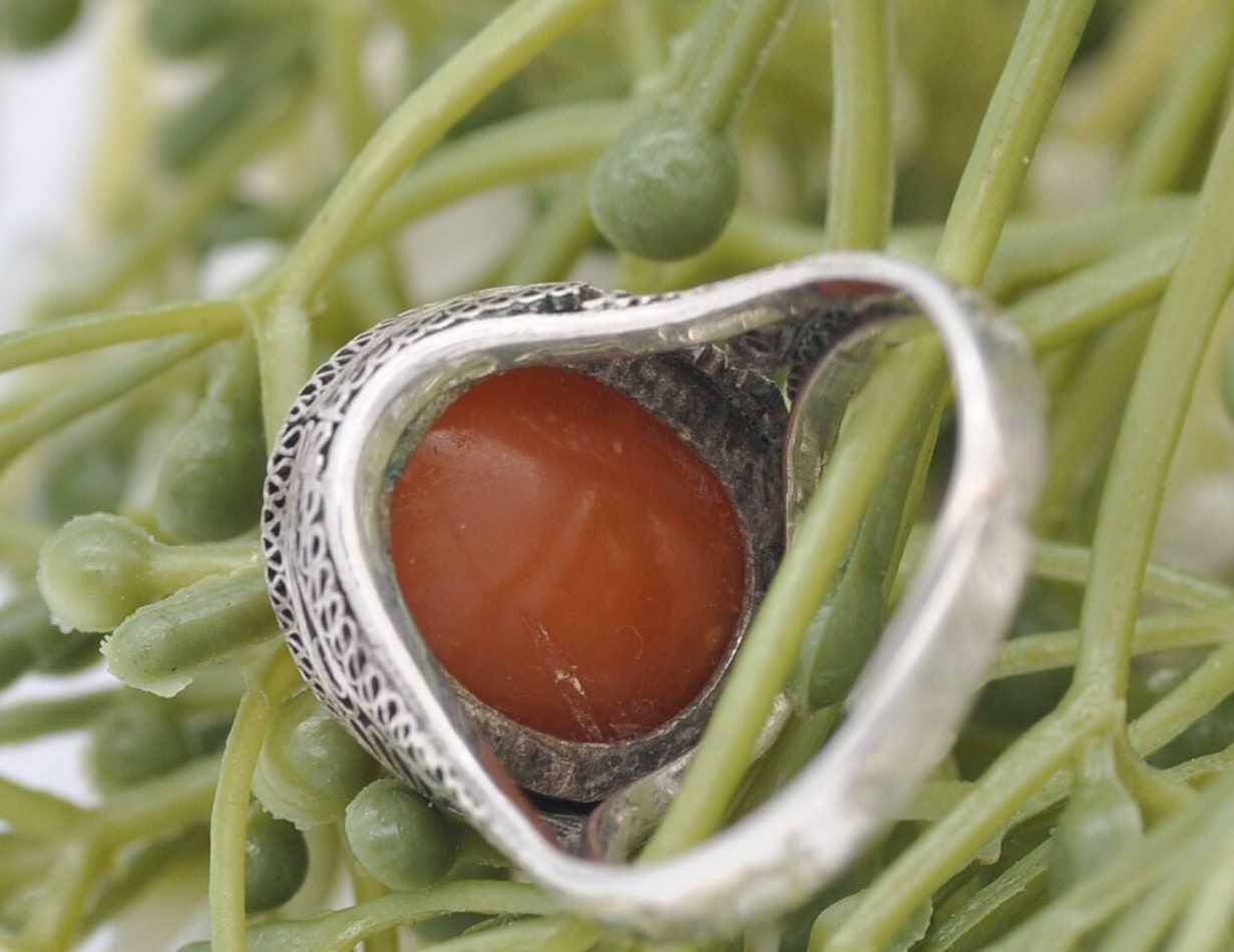 Antique Chinese Export Amber Silver Ring - Chinese Filigree | Baltic Amber | Large Oval Stone | Openwork Design | UK Size - Q | US Size - 8