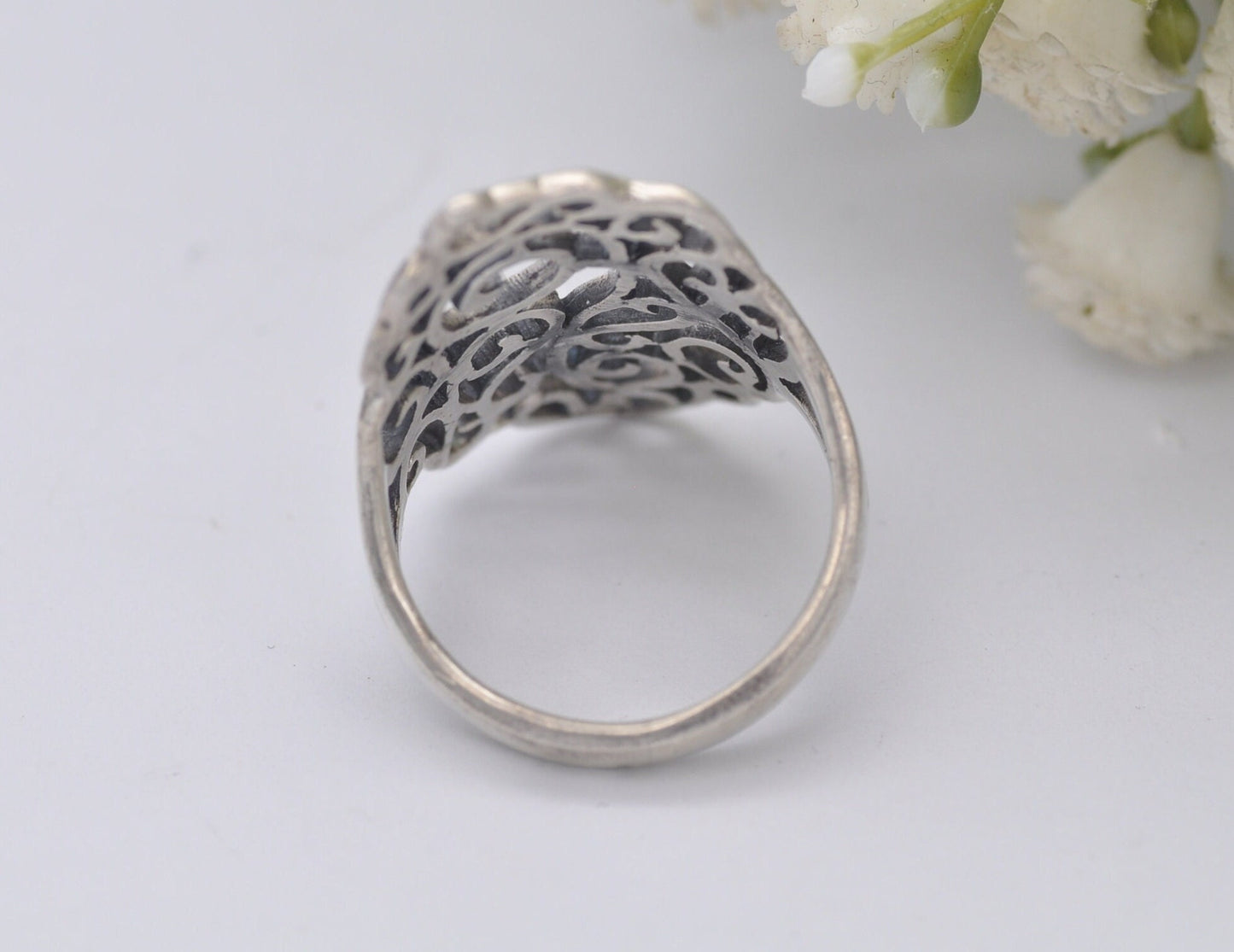 Silver Armour Ring - Vintage 925 Sterling Silver Band | Openwork Scrolling Design | Maximalist Modernist | UK Size - P | US Size - 7 1/2