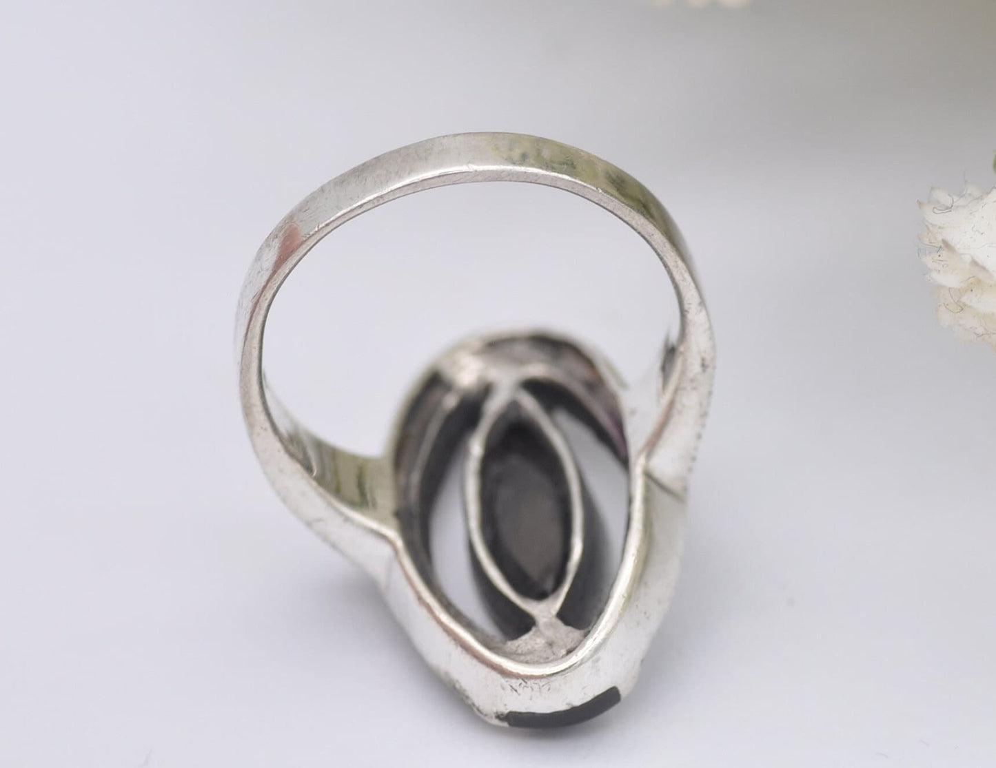 Silver Onyx and Marcasite Ring - Vintage Sterling Silver / Open Work Oval / Chunky / Art Deco Style / UK Size - N 1/2 / US Size - 6 3/4