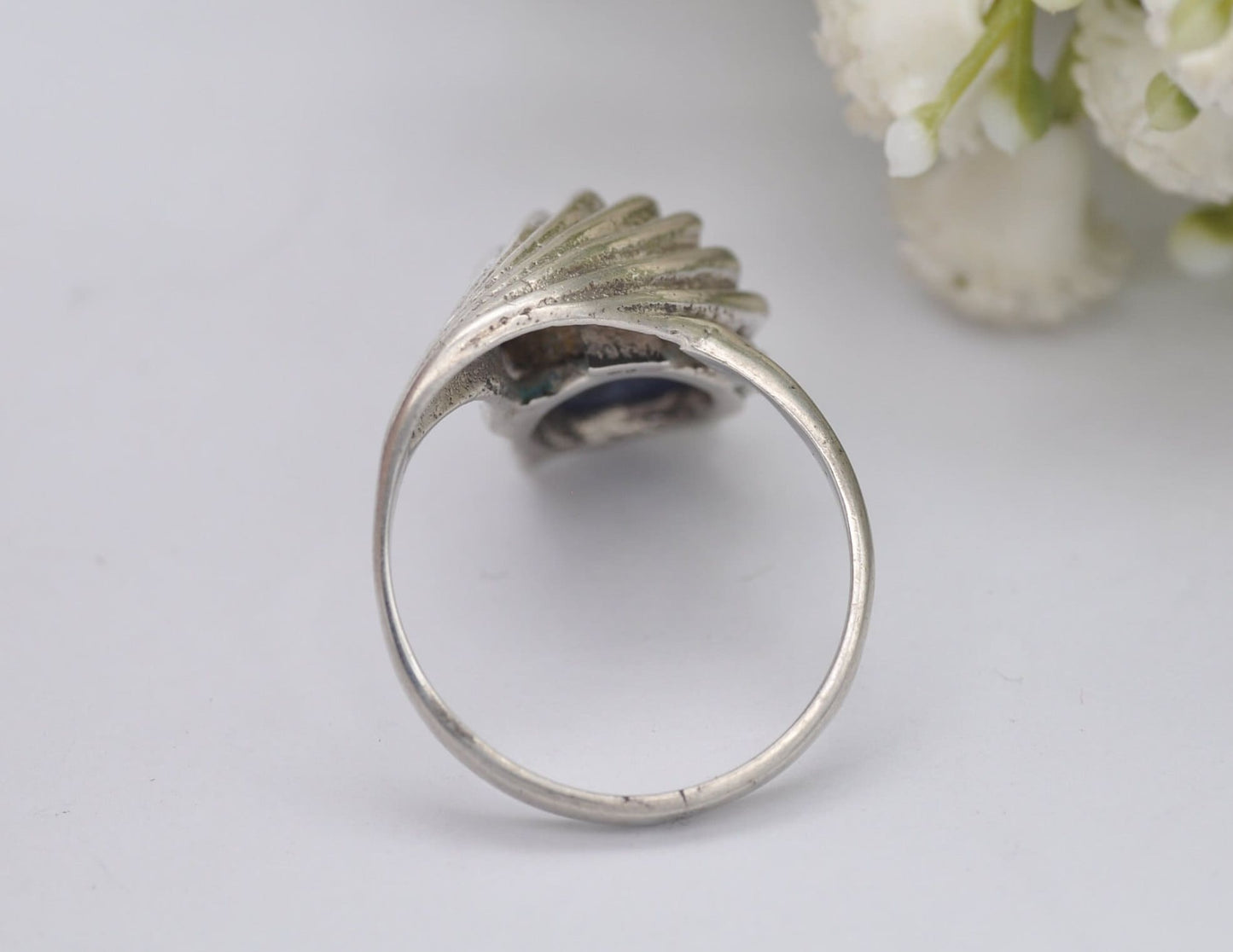 Sculptural Modernist Silver Lapis Lazuli Ring - Vintage Mid-Century Modern | Unpolished Gemstone | Wave Design | UK Size - S | US Size - 9
