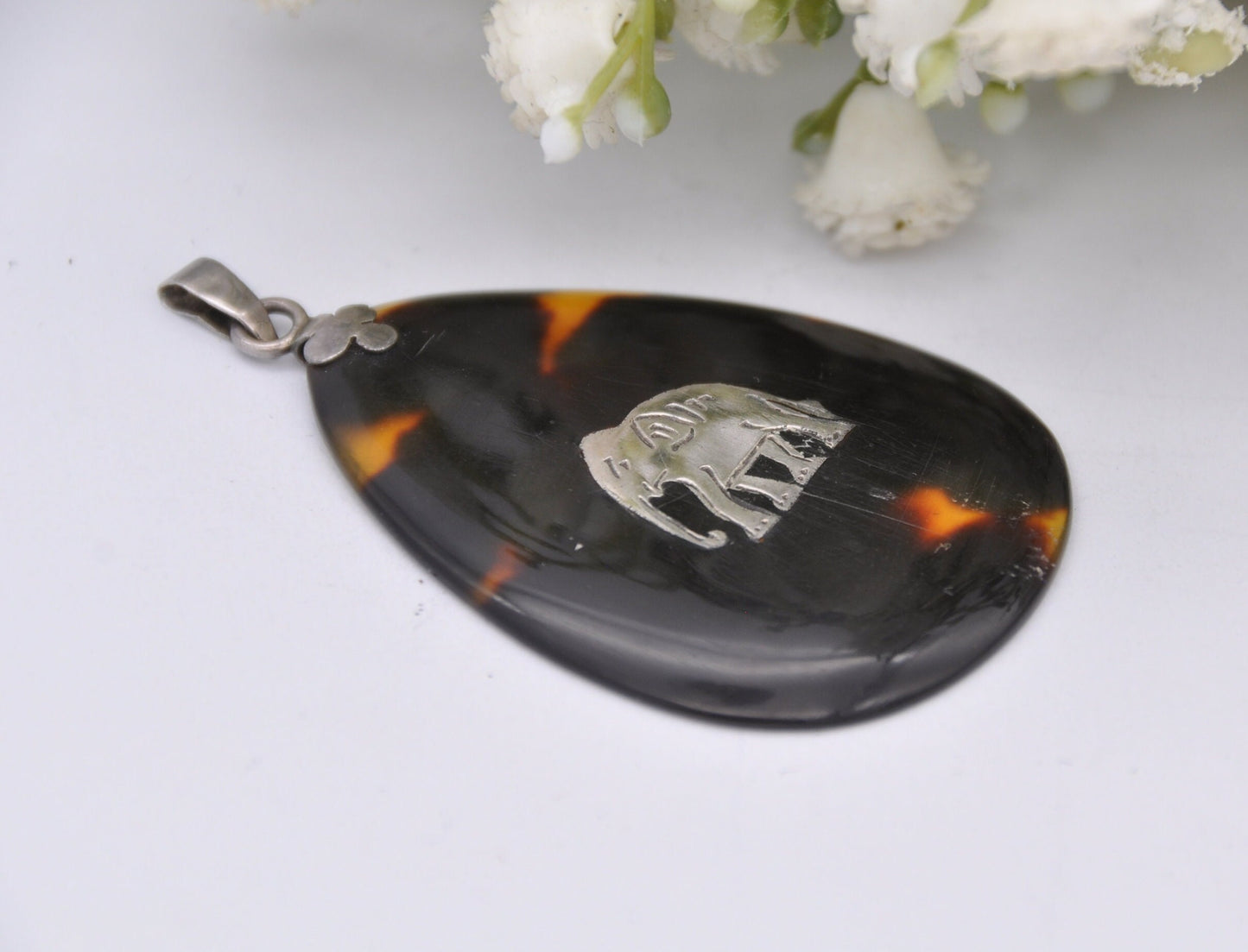 Antique Tortoiseshell Sterling Silver Elephant Pendant - Early 20th Century 1920s 1930s / Indian Elephant / Nature Lover / Engraved Necklace