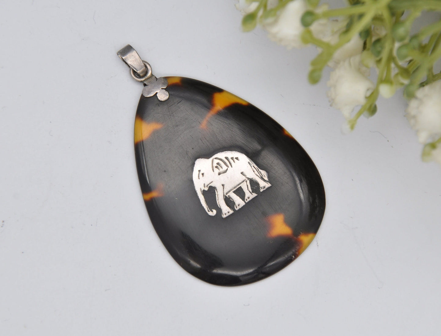 Antique Tortoiseshell Sterling Silver Elephant Pendant - Early 20th Century 1920s 1930s / Indian Elephant / Nature Lover / Engraved Necklace