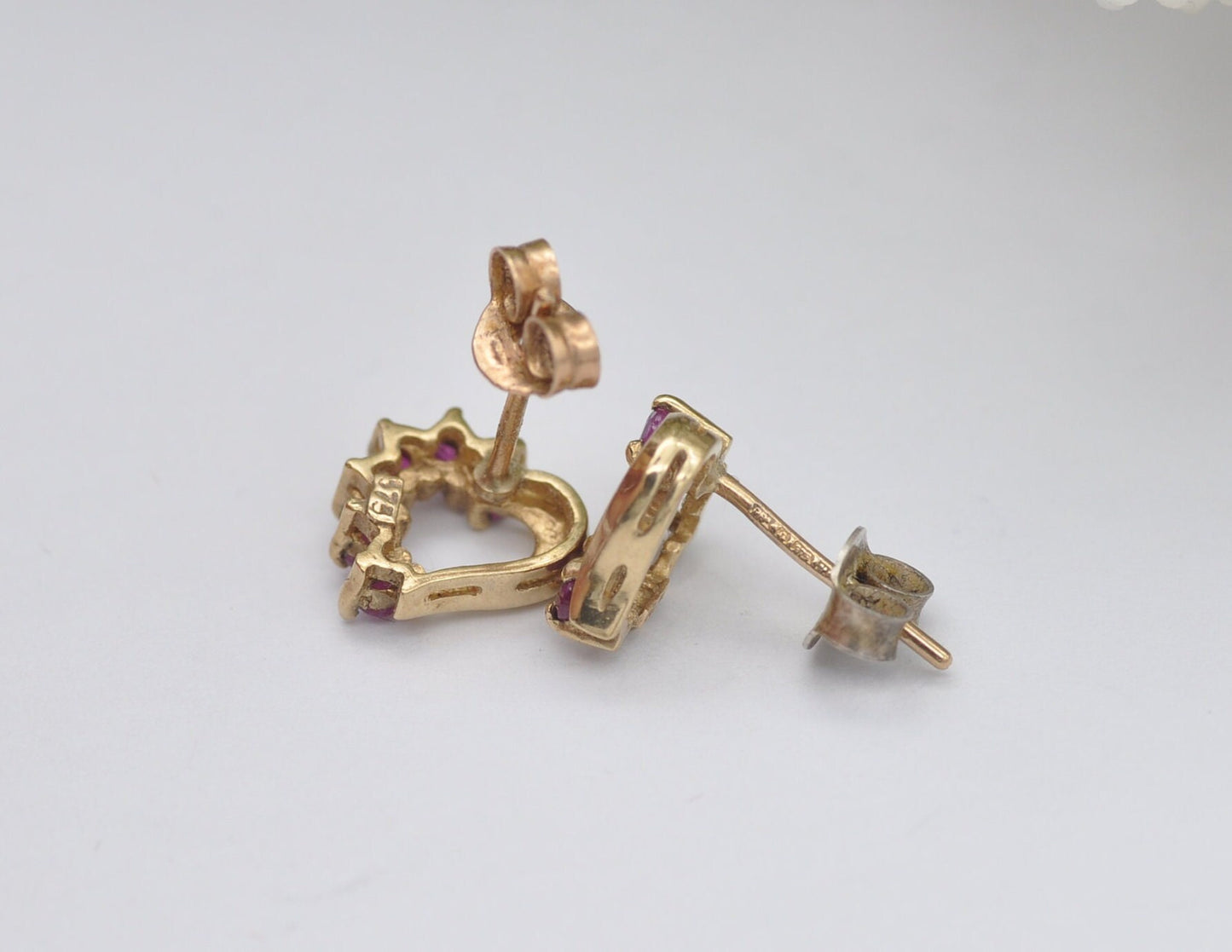Vintage 9ct Gold & Ruby Heart Stud Earrings - Pink Gemstone / July Birthstone / Half Heart / 1980s / Butterfly Back / 9K / 375 / Solid Gold