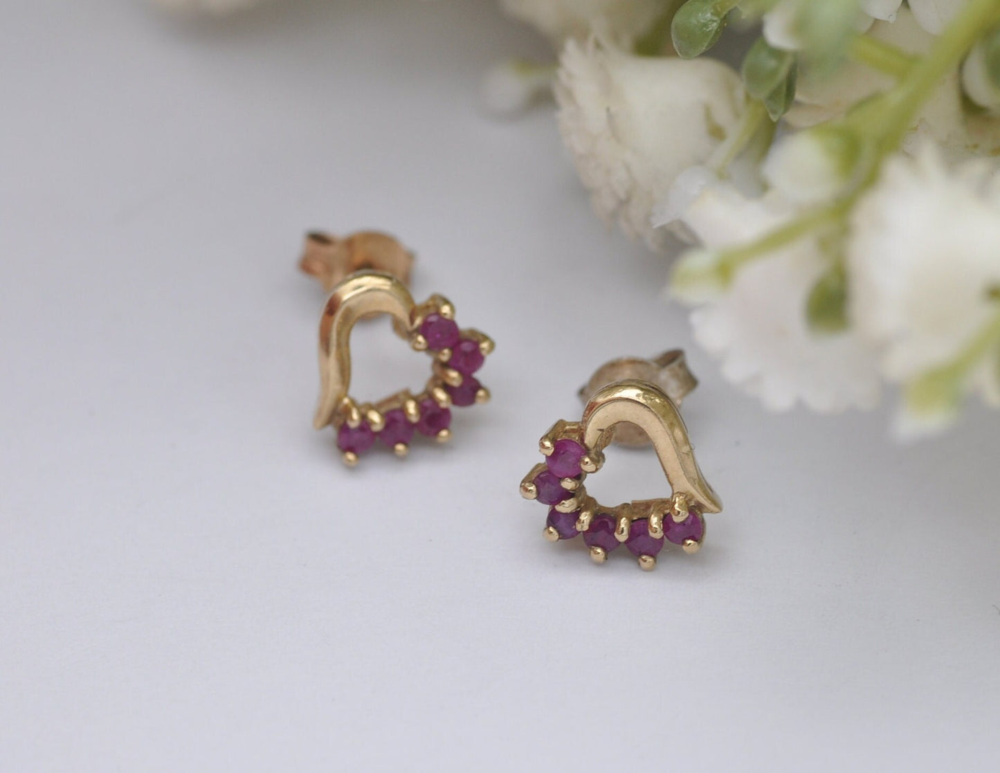 Vintage 9ct Gold & Ruby Heart Stud Earrings - Pink Gemstone / July Birthstone / Half Heart / 1980s / Butterfly Back / 9K / 375 / Solid Gold