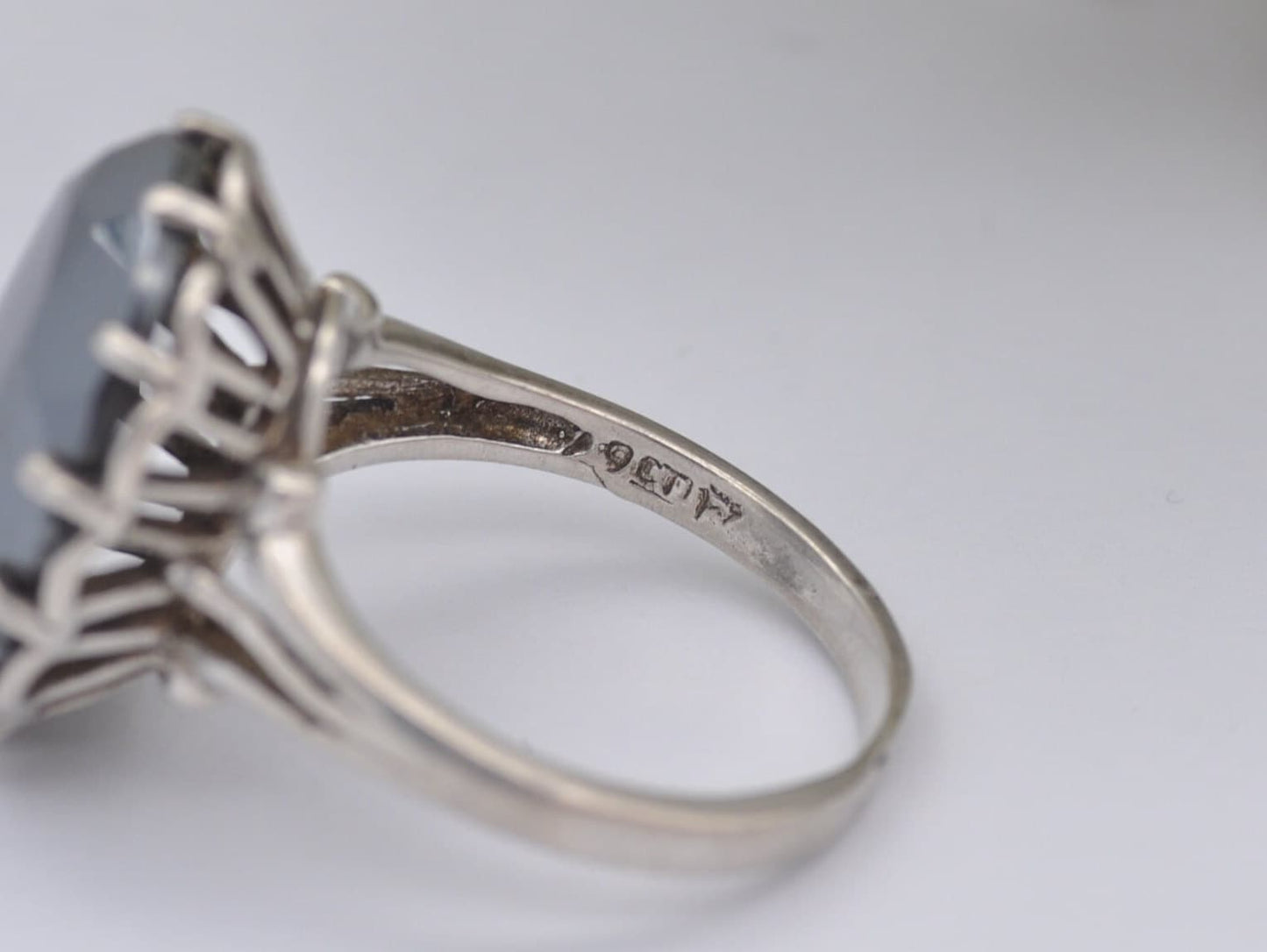 Mid-Century Hematite Cocktail Ring Vintage 1970s - 925 Sterling Silver | Faceted Gemstone | Large Chunky | UK Size - N | US Size - 6 3/4