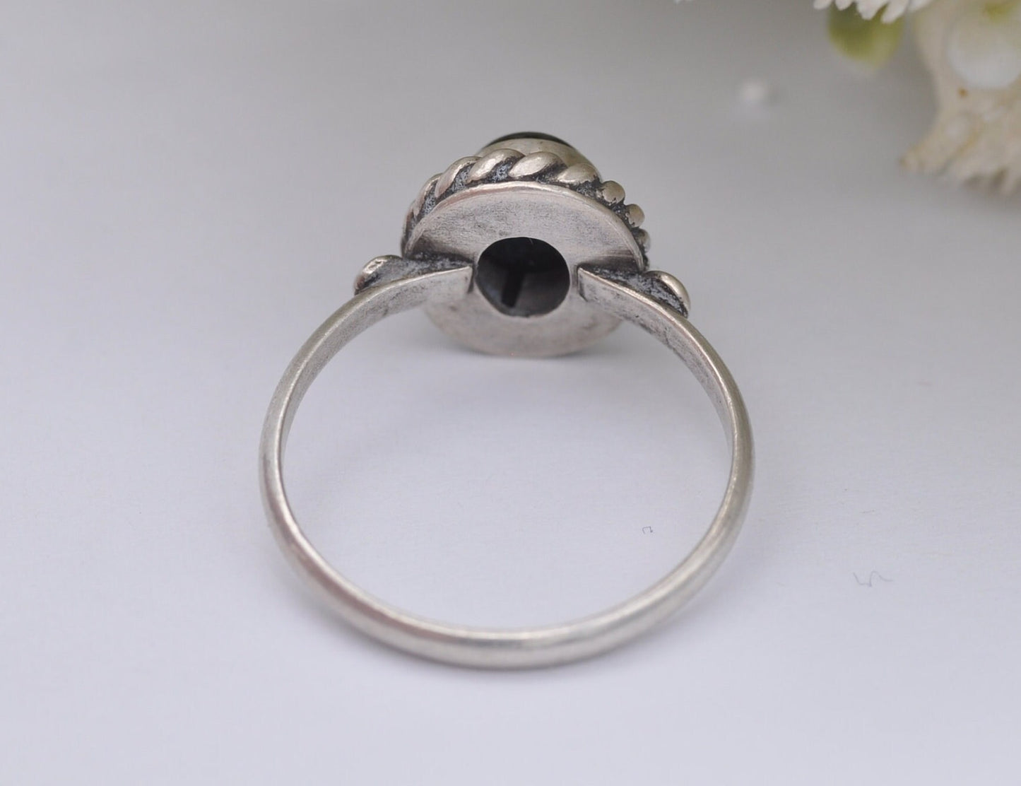 Vintage Sterling Silver and Onyx Solitaire Ring - Statement / Oval / Rope / Detailed / Black / Gift / 925 / UK Size - N 1/2 / US Size - 7