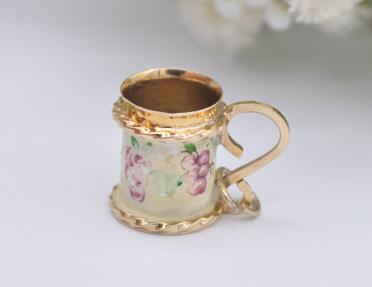 9ct Gold & Enamel Tankard Charm / Pendant - Vintage 1960s / Solid Gold / Drink / Beer / Cup / Drinking Stein / Floral / Charm Bracelet