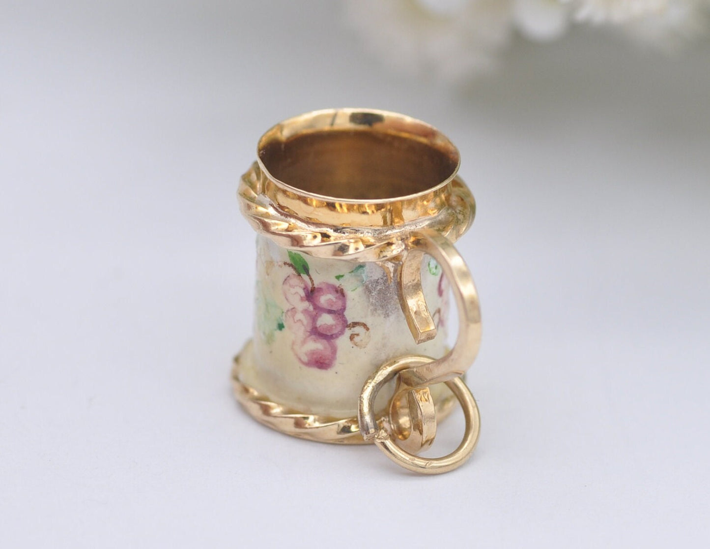 9ct Gold & Enamel Tankard Charm / Pendant - Vintage 1960s / Solid Gold / Drink / Beer / Cup / Drinking Stein / Floral / Charm Bracelet