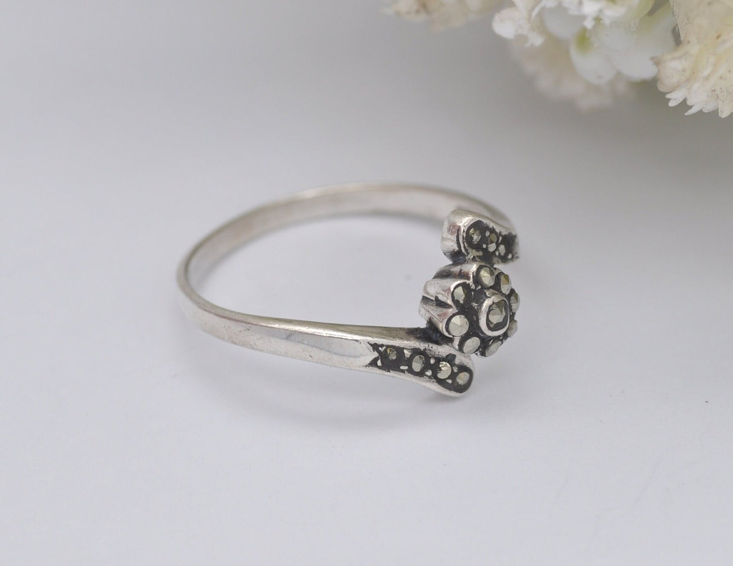 Silver Marcasite Bypass Flower Ring - Vintage Art Deco Style | Statement Cocktail | Cluster Band | 925 Sterling | UK Size P | US Size 7 3/4