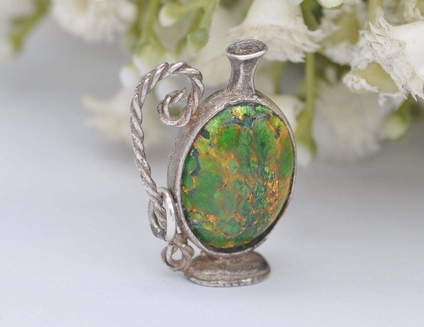 Vintage Sterling Silver Murano Glass Jug Charm / Pendant - Interesting / Stone / Green / Wine / Charm Bracelet