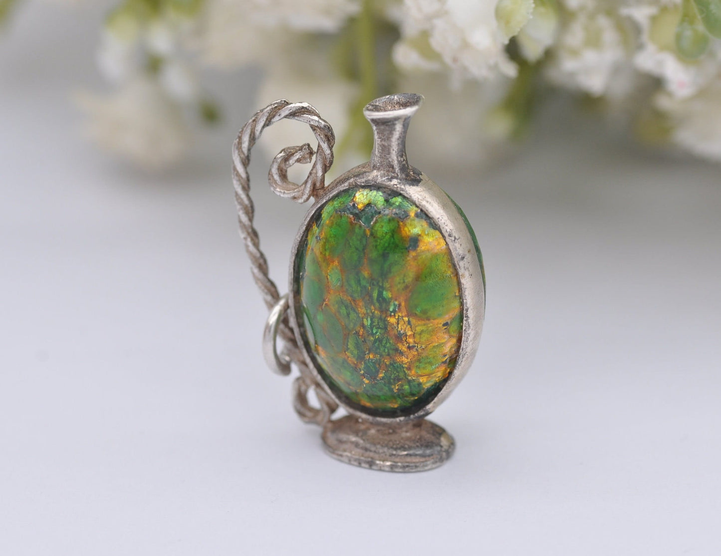 Vintage Sterling Silver Murano Glass Jug Charm / Pendant - Interesting / Stone / Green / Wine / Charm Bracelet
