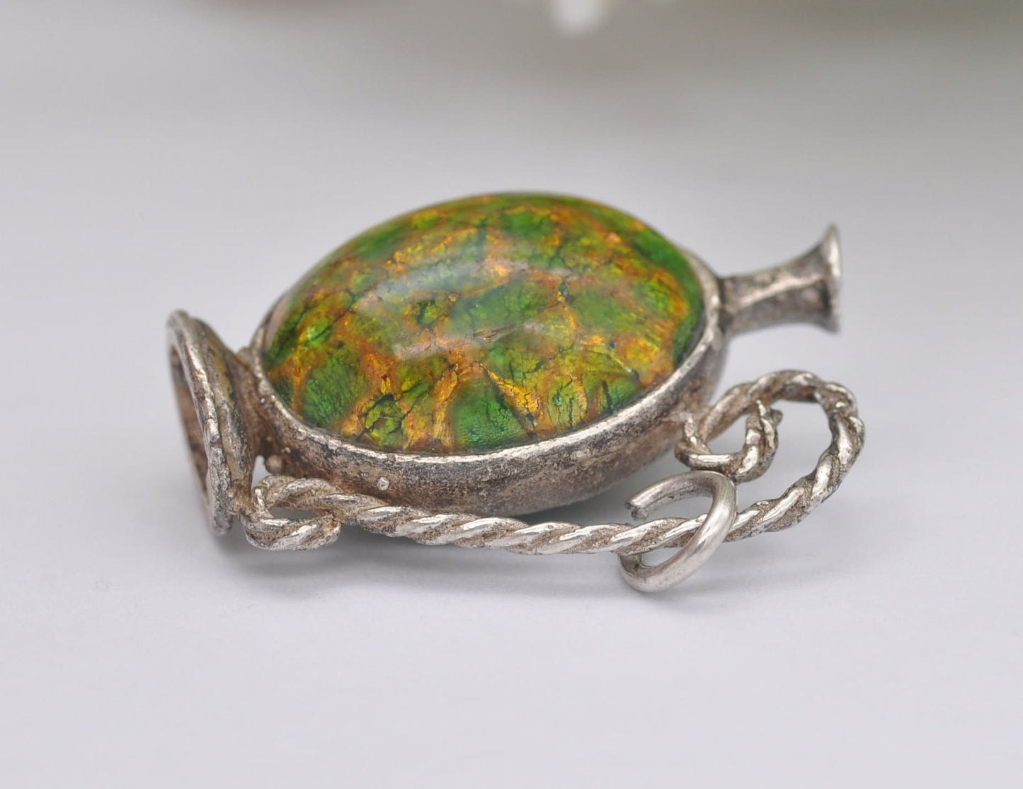 Vintage Sterling Silver Murano Glass Jug Charm / Pendant - Interesting / Stone / Green / Wine / Charm Bracelet