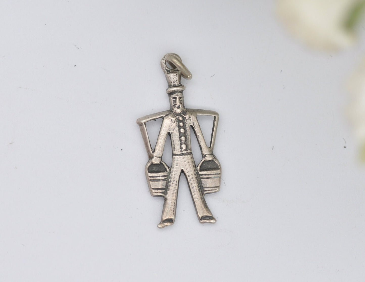 Vintage Silver Man Carrying Buckets of Water Charm / Pendant - Water Buckets / Shoulder Yoke / Carrying Pole / Dutch 835 / Charm Bracelet