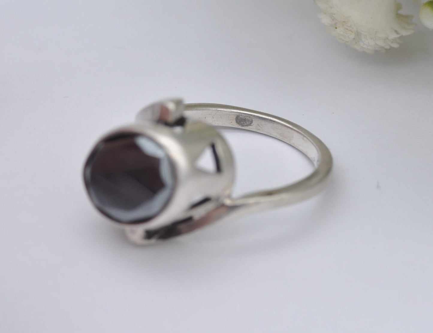 Vintage Sterling Silver Hematite Ring - Mid-Century Modern | 1950s | 1960s | Faceted Gemstone | Chunky | UK Size - P 1/2 | US Size - 7 3/4