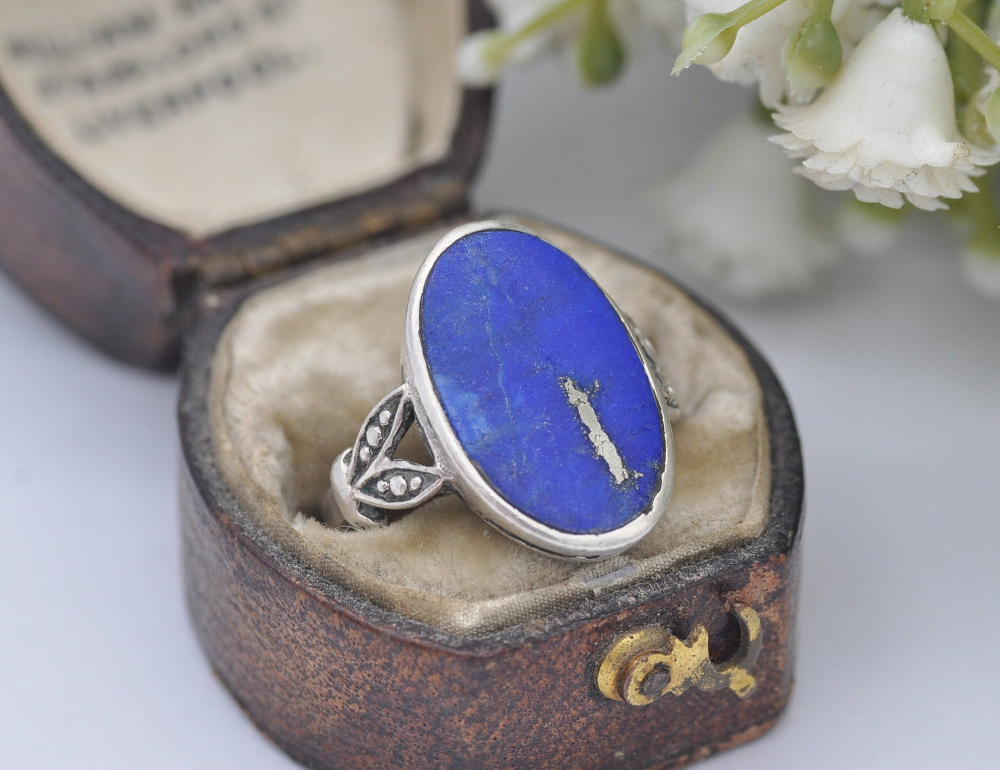 Silver Lapis Lazuli Ring Vintage - Oval Stone / Blue and Gold Stone Ring / 925 Sterling / Smooth Cabochon / UK Size - L / US Size - 5 3/4